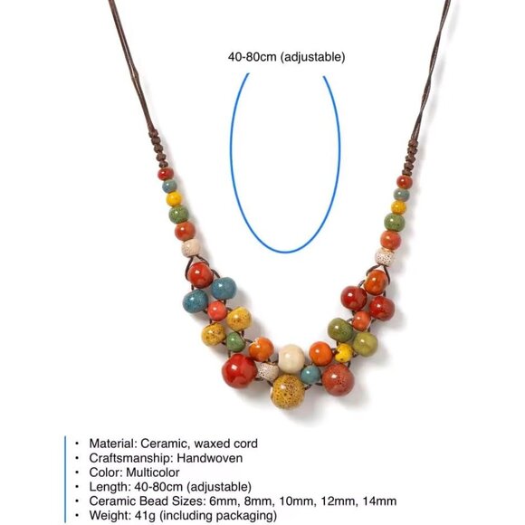 Boho Hippie Ceramic Beaded Necklace for Women Statement Chunky Bohemian Fall Col - Picture 6 of 7